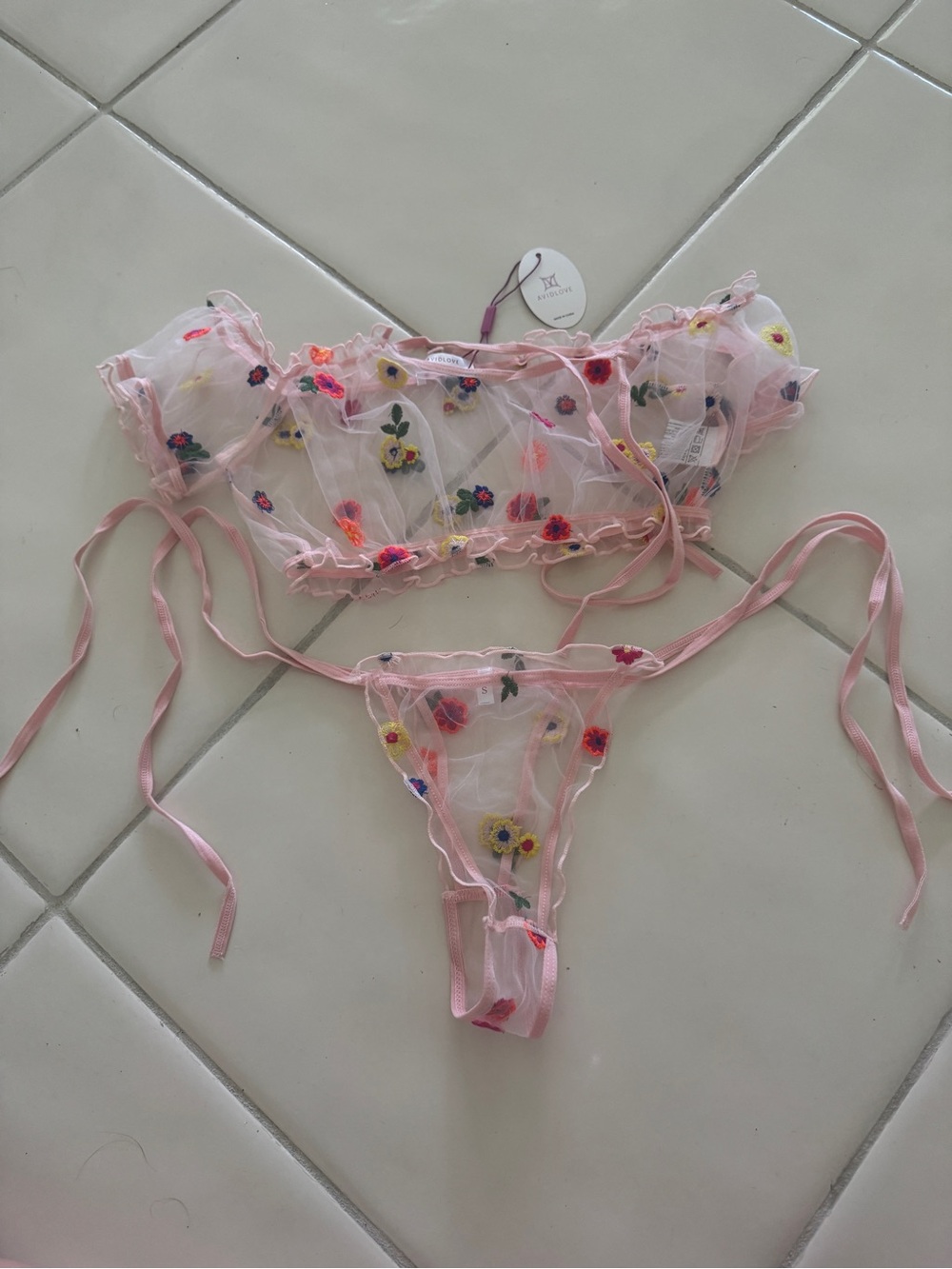 Pink Sheer Floral Embroidered Lingerie Set